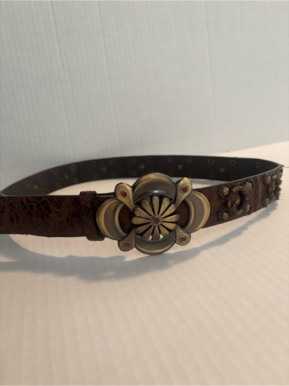 Brown Floral Metal Accent Leather Belt